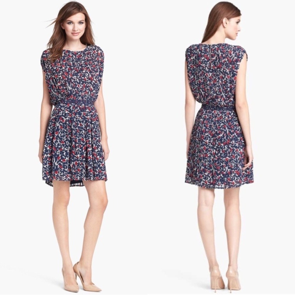 Joie Halsette Silk Pleated Sleeveless Blouson Floral Mini Dress Royal Navy Red M